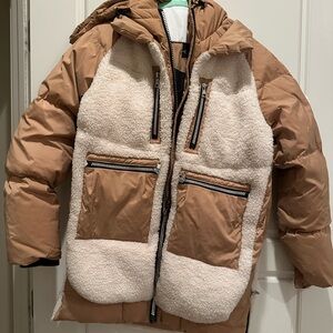 Tan and Cream Puffer Jacket with Sherpa Panels